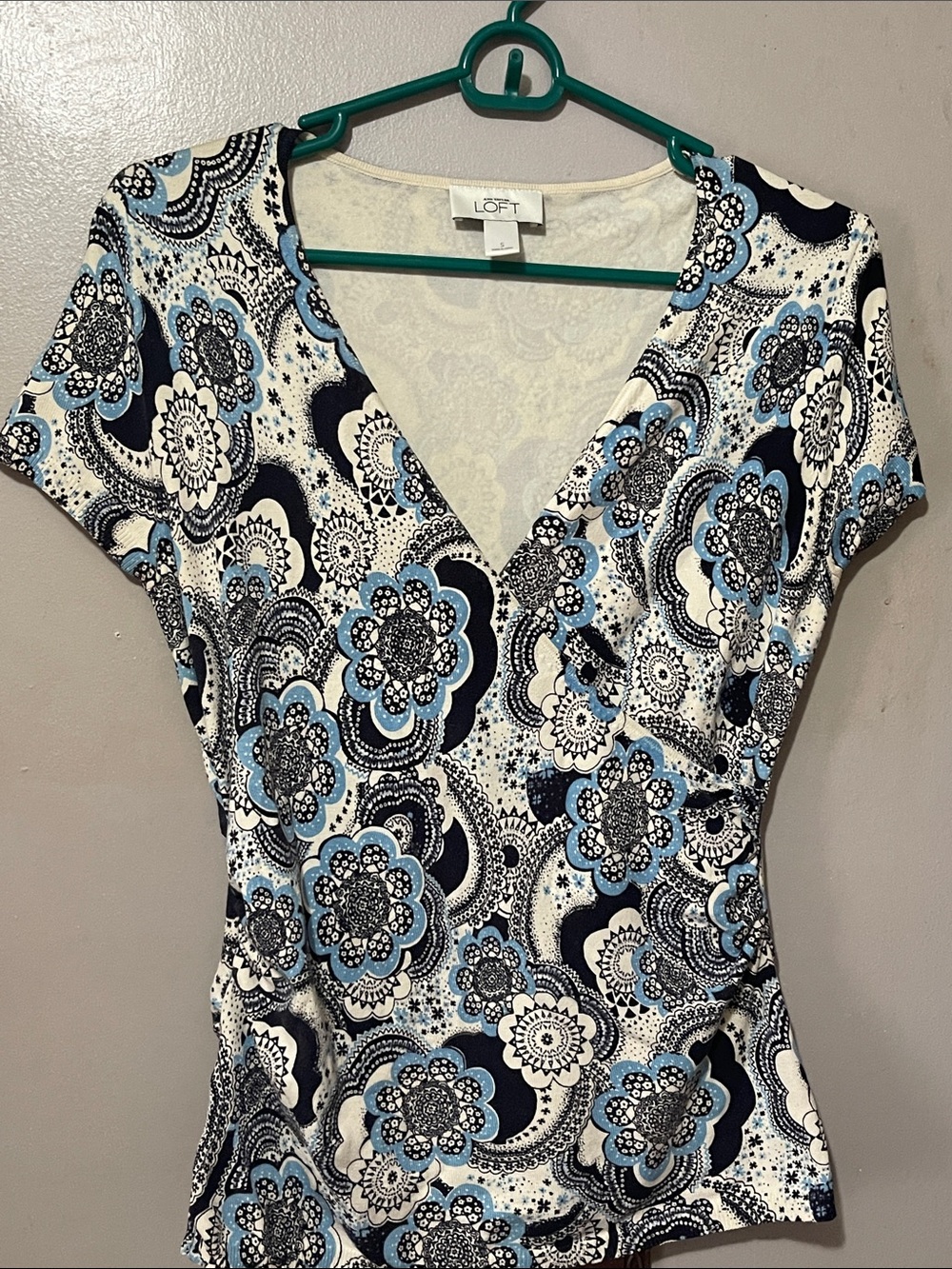 LOFT White, Light Blue & Black Floral Wrap-Style Short Sleeve Top